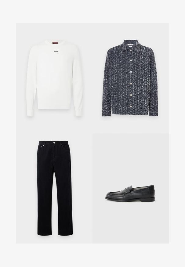 Pull en maille blanche avec un col rond et des manches longues. Petit logo noir "HUGO" situé sur la poitrine. Texture douce avec des poignets côtelés.; Chemise marine à boutons avec un tissu texturé et à motif comprenant des accents blancs. Col à revers, manches longues avec une coupe décontractée. Boutons argentés visibles.; Pantalons en velours côtelé noir avec une coupe droite, dotés d'une fermeture à bouton et fermeture éclair, de cinq poches et d'un tissu doux et texturé.; Mocassins en cuir noir avec une finition lisse, un bout rond, une sangle décorative et un design minimaliste. Présentent un petit talon carré.