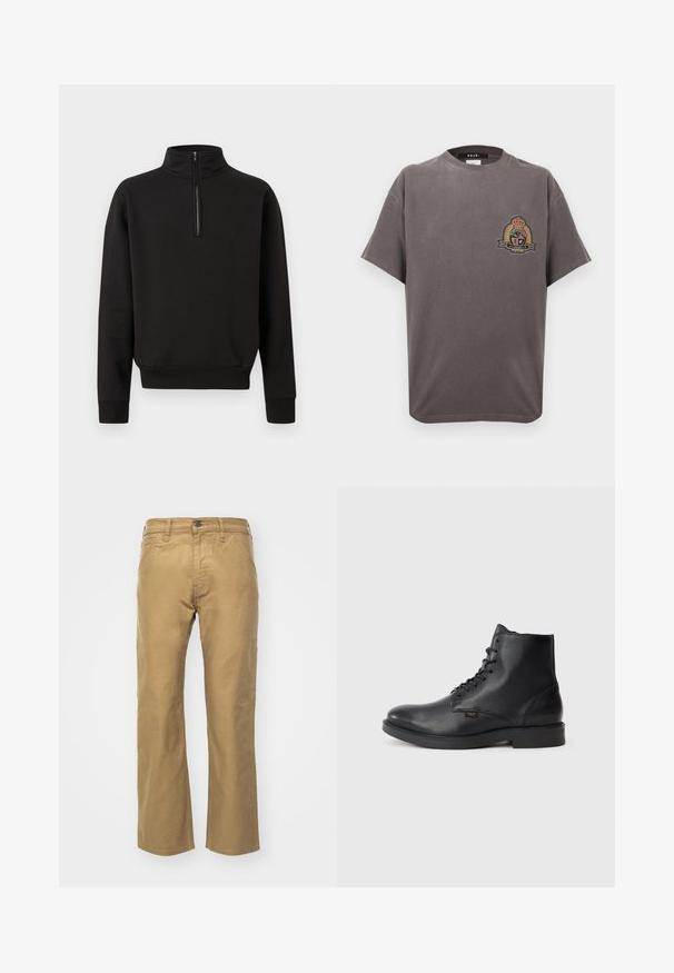 Schwarzer Langarm-Pullover mit halbem Reißverschluss vorne, hohem Kragen, gerippten Bündchen und Bund vor einem schlichten, hellen Hintergrund.; Graues Baumwoll-T-Shirt mit kurzen Ärmeln, rundem Halsausschnitt und besticktem Emblem auf der linken Brust mit einer Krone und einem Banddetail.; Khakihosen aus Baumwolle. Gerader Schnitt mit einem Bund und Fronttaschen. Verfügt über eine einzelne Gesäßtasche und subtile Nähdetails.; Schwarze Leder-Ankle-Boots mit Schnürung, niedrigem Absatz und kleinem "Replay"-Logo an der Außenseite vor einem schlichten hellen Hintergrund.