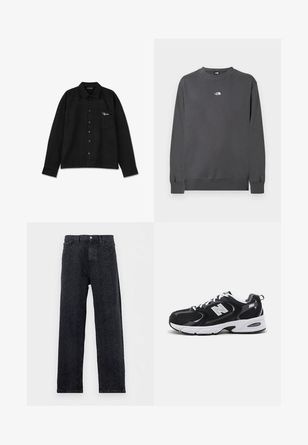 Grå sweatshirt lavet af bomuldsblandet stof, med rund halsudskæring, lange ærmer, ribstrikkede manchetter og et lille hvidt logo på brystet.; Sort langærmet skjorte lavet af stof, med krave, knap-lukning foran, enkelt brystlomme og broderet logo i hvid på lommen.; Sorte jeans med lige ben og subtilt mørkt dyreprintmønster, med knap- og lynlåslukning samt forlommer, vist på hvid baggrund.; Sorte og grå sportssko med mesh og ruskind på overdelen, der har en hvid mellemsål, snørebånd og et iøjnefaldende "N" logo på siden.
