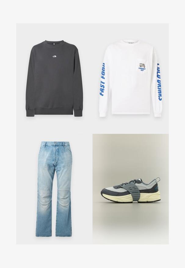 Grauer Sweatshirt aus Baumwollmischgewebe mit Rundhalsausschnitt, langen Ärmeln, gerippten Bündchen und kleinem weißen Logo auf der Brust.; Weißes Langarmshirt aus Baumwolle. Verziert mit blauem Text auf den Ärmeln und einer Tasche mit einer Grafik eines Food Trucks und der Aufschrift "Carhartt WIP."; Helle blaue, hochgeschnittene Jeans mit geradem Schnitt, ausgestattet mit Knieflicken und einer ausgewaschenen Textur. Metallknopfverschluss an der Taille.; Low-Top-Sneaker mit grauem Mesh- und Wildleder-Obermaterial, cremefarbener Zwischensohle, schwarzer Außensohle und einem breiten grauen Riemen über dem Mittelfuß.