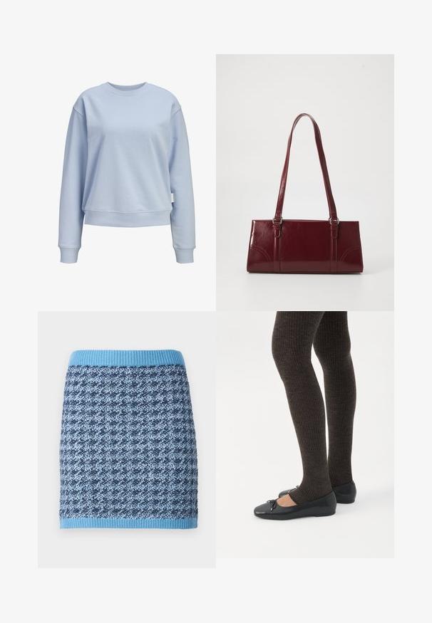 Lichtblauwe crewnecktrui met lange mouwen en geribde manchetten en zoom, getoond op een witte achtergrond.; Gebreide rok met een geometrisch patroon in tinten blauw, voorzien van een geribde lichtblauwe tailleband en een gestructureerde stofafwerking.; Benen met donkere geribbelde leggings gecombineerd met zwarte ballerina's met kleine strikdetails op een witte achtergrond.; Bourgondische handtas van glanzend materiaal, rechthoekige vorm, met twee schouderbanden en subtiele gebogen accenten aan de voorkant.