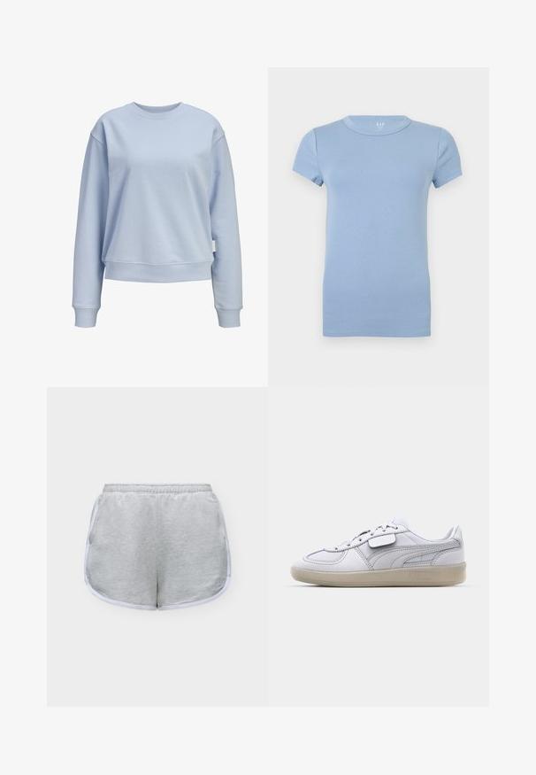 Sweat-shirt bleu clair à col rond, manches longues et poignets et ourlet côtelés, présenté sur un fond blanc.; T-shirt bleu clair à manches courtes et col rond, design uni, présenté à plat sur un fond blanc.; Short de sport gris clair avec bordure blanche et taille élastique, posé à plat sur un fond blanc.; Baskets blanches en cuir avec des accents gris, fermeture à lacets et semelle en caoutchouc texturée. Présente un logo bien en vue sur le côté.