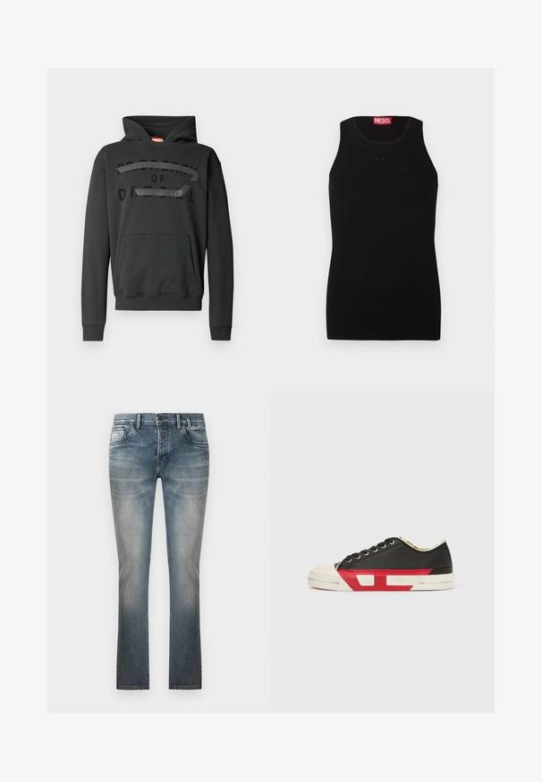 Sweat à capuche noir en mélange de coton, avec une poche avant, une capuche à cordon de serrage, et un logo noir mat sur la poitrine.; Débardeur noir Diesel avec col rond, petit logo ton sur ton sur la poitrine et étiquette rouge à l'intérieur du col sur fond blanc.; Jean droit bleu délavé avec poches avant, passants pour ceinture et fermeture par bouton, présenté sur un fond blanc uni.; Baskets en toile noire avec des accents rouges, un bout en caoutchouc et une semelle blanche. Elles présentent des lacets noirs et un design texturé sur le côté.