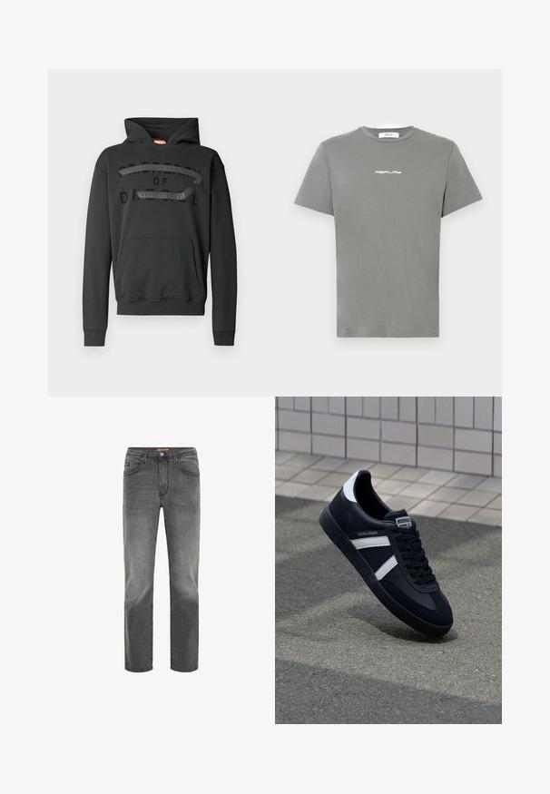 Sort hoodie lavet af bomuldsblanding, med en frontlomme, snøre i hætten og et mat sort logodesign på brystet.; Grå bomulds t-shirt med korte ærmer og rund hals, der har et hvidt "REPLAY" logo på forsiden. Enkel, uudstyret design.; Grå denim jeans med lige pasform, fem-lomme design og en subtil slidt finish. Har en knap- og lynlås lukning.; Sort lædersneaker med hvide striber, tekstureret gummisål og snørrebånd foran. Har et brandet mærke på tungen.