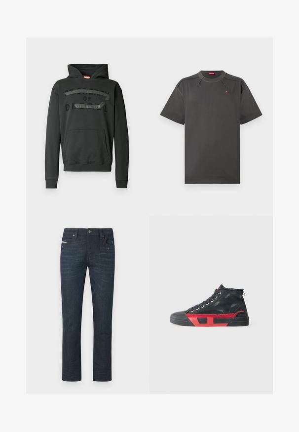 Sweat à capuche noir en mélange de coton, avec une poche avant, une capuche à cordon de serrage, et un logo noir mat sur la poitrine.; T-shirt Diesel à manches courtes gris foncé avec des coutures contrastées et un petit logo rouge sur la poitrine et à l'intérieur du col.; Jeans bleu foncé à jambes droites avec un léger effet délavé et des détails d'usure, fermeture frontale par boutons, passants pour ceinture, et cinq poches visibles.; Baskets montantes noires avec des accents rouges et une finition usée. Caractérisées par une tige en toile texturée et une semelle en caoutchouc avec un design découpé.