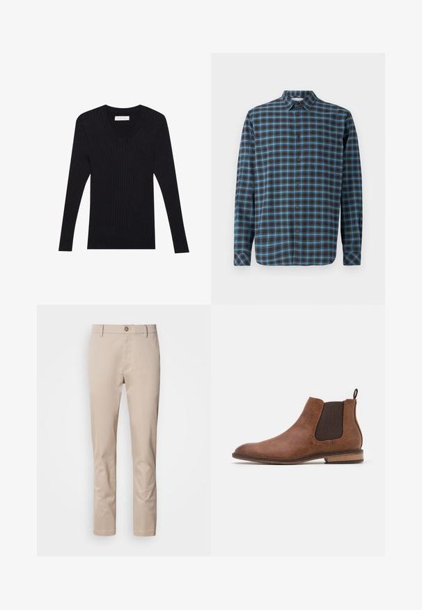 Pier One Trui - black; Samsøe Samsøe LIAM - Overhemd - turkish coffee; Beige katoenen chino's met een rechte pasvorm, riemlussen, een enkele voorknoop en een gladde, niet-gestructureerde oppervlakte. Er zijn geen zichtbare zakken.; Bruine leren Chelsea-boot met elastische zijkanten, ronde neus en trekhaak. Heeft een gestructureerd afwerking en een lage houten hak.