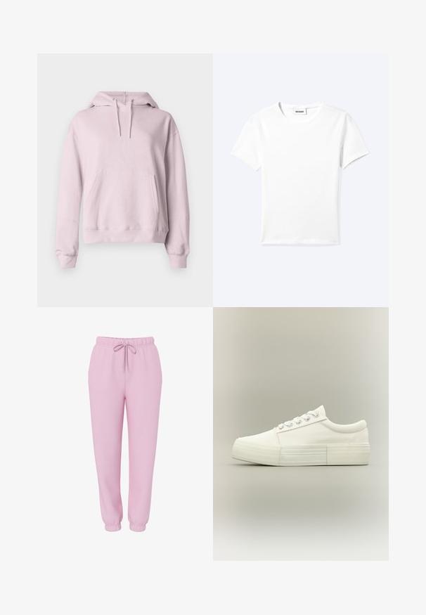 Lyserød hættetrøje med snoretræk, lange ærmer, lomme foran og ribbede manchetter og kant mod en ensfarvet baggrund.; Ensfarvet hvid t-shirt med korte ærmer og rund halsudskæring med en lille "WEEKDAY" label indeni halskanten, vist fladt på en lys baggrund.; Lyserøde joggers med elastisk linning, snørebånd, sidelommer og elastiske manchetter, vist på hvid baggrund.; Hvid lavtopet sneaker med tyk sål, metaløjer og snørebånd, vist fra siden på en ensfarvet lys baggrund.