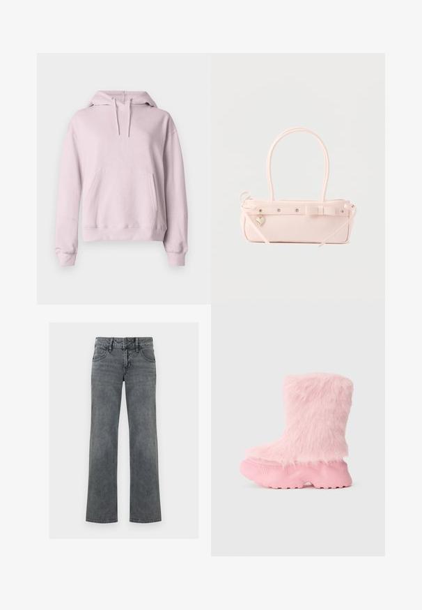 Sweat à capuche rose clair avec cordons, manches longues, poche kangourou frontale et bords-côtes aux poignets et à l'ourlet sur un fond uni.; Jeans en denim gris à jambe droite avec bouton frontal, fermeture éclair et cinq poches, présentés sur un fond blanc.; Botte rose épaisse avec une semelle texturée et une douce fausse fourrure moelleuse recouvrant toute la partie supérieure.; Sac à main rectangulaire rose pâle avec double poignée, nœud décoratif, œillets métalliques et petit charm en forme de cœur sur un fond uni.