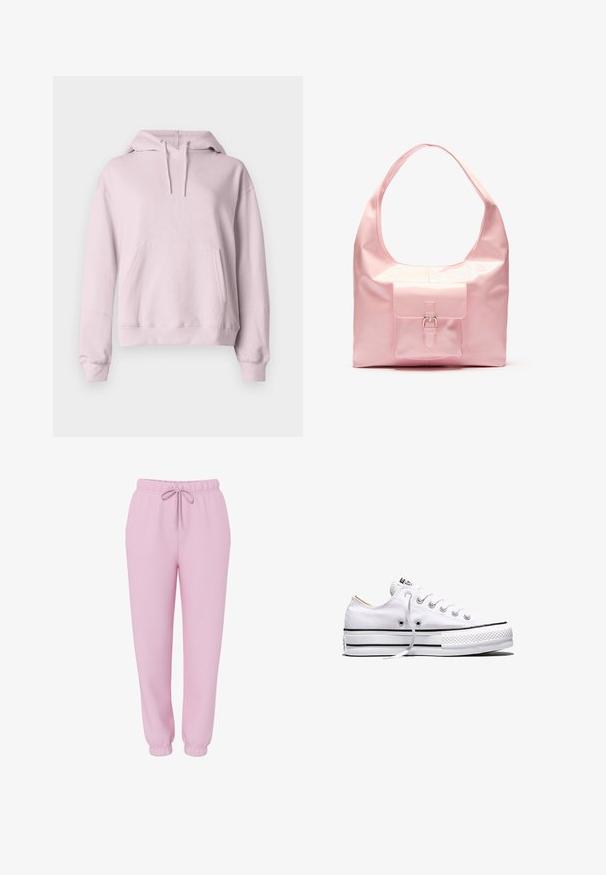 Lichtroze hoodie met trekkoorden, lange mouwen, voorvak en geribbelde manchetten en zoom tegen een effen achtergrond.; Lichtroze joggingsbroek met elastische tailleband, trekkoord, zijzakken en elastische boorden, afgebeeld op een witte achtergrond.; Witte lage canvas sneaker met witte veters, zwarte strepen op de zool en een rubberen, getextureerde neuskap, zijaanzicht op een witte achtergrond.; Roze handtas met een glanzende afwerking, grote schouderband, voorvak met een decoratieve gesp. Soepele textuur, minimalistisch ontwerp.