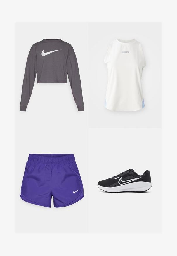 Orezaná mikina s dlhým rukávom v tmavošedej tkanine s okrúhlym výstrihom. Na prednej strane výrazné biele logo Nike. Mäkká textúra.; Biela bezrukávová Nike blúzka s okrúhlym výstrihom, zdobená strieborným logom a svetlo modrými akcentmi po stranách. Hladká, atletická textúra látky.; Fialové športové šortky vyrobené z hladkej látky, s elastickým pásom a bielym logom Nike na spodnej pravej strane.; Čierna športová obuv s sieťovinovým zvrškom, bielymi akcentmi, polstrovanou podrážkou a aerodynamickým dizajnom. Disponuje okrúhlou špičkou a plochou podrážkou.