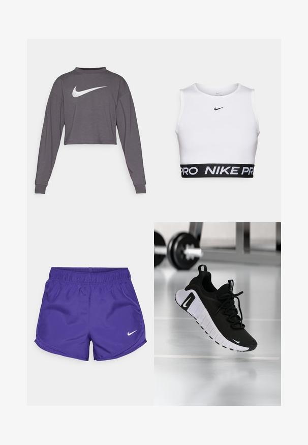 Kort gesneden sweatshirt met lange mouwen in donkergrijze stof met een ronde hals. Voorzien van een opvallend wit Nike-logo aan de voorkant. Zachte textuur.; Witte sportieve crop top met een ronde halslijn, mouwloos ontwerp en een zwarte elastische tailleband met de tekst "NIKE PRO".; Paarse sportshorts van gladde stof, met een elastische tailleband en een wit Nike-logo aan de onderkant aan de rechterkant.; Zwarte sportschoen met een textuurstof bovenwerk, witte zool en een opvallend vetersysteem. Voorzien van een Nike-logo en een zacht, gedempt ontwerp.