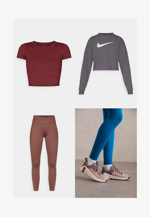 Kort gesneden sweatshirt met lange mouwen in donkergrijze stof met een ronde hals. Voorzien van een opvallend wit Nike-logo aan de voorkant. Zachte textuur.; Bordeaux, kortstraat crop top van gladde stof met een ronde halslijn. Minimalistisch ontwerp, geen zichtbare logo's of patronen.; Bruine high-waisted leggings met een gladde, rekbare textuur. Beschikt over een kruisband en geen zichtbare naden. Geschikt voor sportkleding.; Sportieve schoenen in lichtroze en beige met textuur op de zijkanten, bruine accenten en flexibele zolen. G gedragen met blauwe leggings en witte sokken.