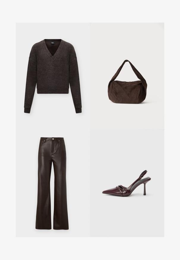 Jersey de manga larga gris oscuro con escote en V pronunciado y puños y bajo acanalados, exhibido sobre un fondo claro y liso.; Vero Moda Wide-leg VMTESSA High rise - Pantalones - chocolate torte; Zapato de tacón slingback de charol burdeos con puntera puntiaguda, fina correa en el tobillo y pequeño detalle decorativo de hebilla. Textura suave y tacón alto.; Bolso bandolera de ante marrón oscuro suave con una correa ancha y forma rectangular redondeada y holgada sobre un fondo liso claro.