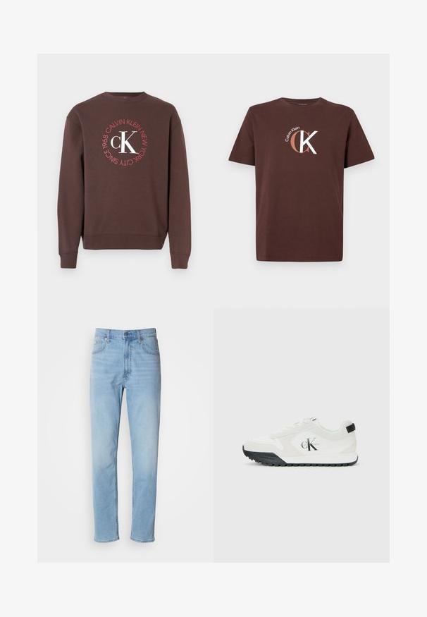 Sweat-shirt marron à manches longues, col rond, avec un graphisme circulaire blanc et rouge affichant « Calvin Klein New York 1968 » et « CK ».; T-shirt en coton marron à manches courtes et col rond. Présente un logo Calvin Klein blanc et marron clair ainsi qu'un design graphique "CK".; Jean en denim bleu clair avec une coupe droite, cinq poches et passants de ceinture. Le tissu présente une texture lisse avec un léger effet dégradé.; Baskets blanches Calvin Klein avec semelle noire, panneaux en daim et en maille, logo CK sur le côté, et marque Calvin Klein sur le talon et la semelle.