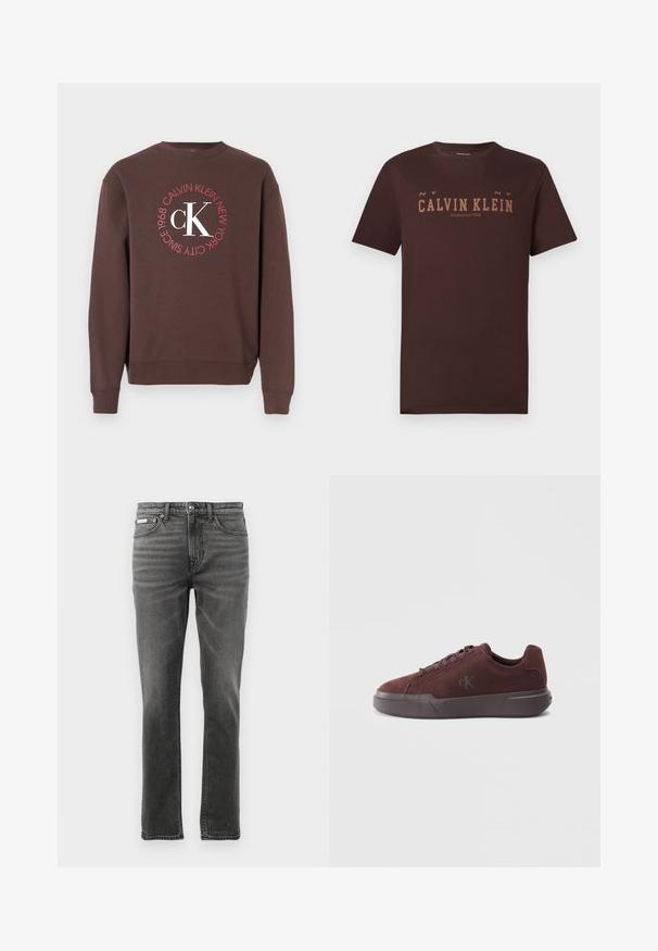 Sweat-shirt marron à manches longues, col rond, avec un graphisme circulaire blanc et rouge affichant « Calvin Klein New York 1968 » et « CK ».; T-shirt en coton marron foncé avec le logo « CALVIN KLEIN » en marron plus clair. Manches courtes, col rond et ourlet droit. Design simple.; Jean en denim gris foncé avec une coupe droite, design à cinq poches, motifs de dégradé subtils et accents en métal au niveau de la taille.; Baskets en suède bordeaux avec une semelle en caoutchouc, dotées de lacets ronds et d'un logo embossé discret sur le côté pour le branding.