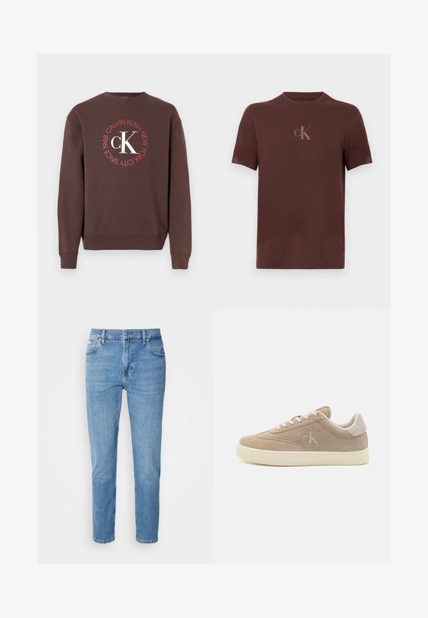 Sudadera marrón de manga larga, con cuello redondo y un gráfico circular en blanco y rojo que incluye "Calvin Klein New York 1968" y "CK".; Camiseta de algodón marrón con mangas cortas, que presenta un logo en el pecho en gris y rojo, cuello redondo y un ajuste relajado.; Vaqueros de mezclilla azul claro con corte recto, diseño de cinco bolsillos y un sutil desgastado. Presentan un cierre de botón y pasadores para cinturón.; Zapatillas de ante beige con un acabado texturizado, cordones blancos y suela crema. Presentan un sutil logotipo "ck" en el lateral y una marca en el talón.