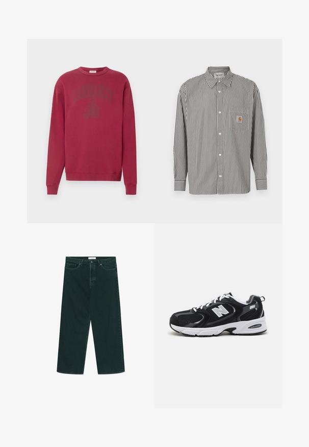 Pruunika värvi püksirätikuga pikka varrukat ja ümar kaelus. Rinnaosas toon toonis "Carhartt" logo. Valmistatud pehmest puuvillast materjalist.; Mustvalge vertikaalsete triipudega pika varrukaga särk, millel on nööbiga krae. Omab rinna taskut, millel on beež logo patch.; Tumed roheline laia säärega denimpüksid, millel on nööbid ja lukud, esi taskud ja vöökohakohad, laotatuna valgele taustale.; Must värvi ja hallid spordijalatsid, mille ülemine osa on valmistatud võrgust ja nahast, valge vaheosaga, paeltega ja küljel julge "N" logo.