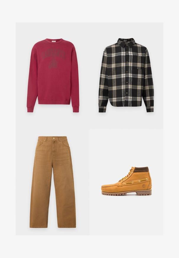 Sweat-shirt bordeaux à manches longues avec un col rond. Présente un logo "Carhartt" ton sur ton sur la poitrine. Fabriqué en coton doux.; Chemise noire à boutons avec manches longues et motif à carreaux beige, blanc et gris, dotée d'une poche poitrine unique sur le côté gauche.; Pantalon marron à jambes droites avec taille haute, passants de ceinture, fermeture par bouton, et poches avant et arrière, présenté sur un fond blanc uni.; Timberland AUTHENTIC 7 EYE - Bottines à lacets - wheat