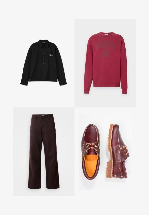 Bordová mikina s dlhými rukávmi a okrúhlym výstrihom. Na hrudi má tónované logo "Carhartt". Vyrobená z mäkkého bavlneného materiálu.; Čierna košeľa s dlhým rukávom vyrobená z tkaniny, s golierom, zapínaním na gombíky, jedným vreckom na hrudi a vyšitým logom v bielej farbe na vrecku.; Tmavo hnedé nohavice so širokým strihom vyrobené z pevnej bavlnenej látky, so zapínaním na prednej strane a dvomi bočnými vreckami. Hladká textura, klasický dizajn.; Bordové kožené topánky s hnedými gumovými podrážkami, okrúhlou špičkou, bielym prešívaním a zlatými kovaniami. Interiér má žlté podšívku.