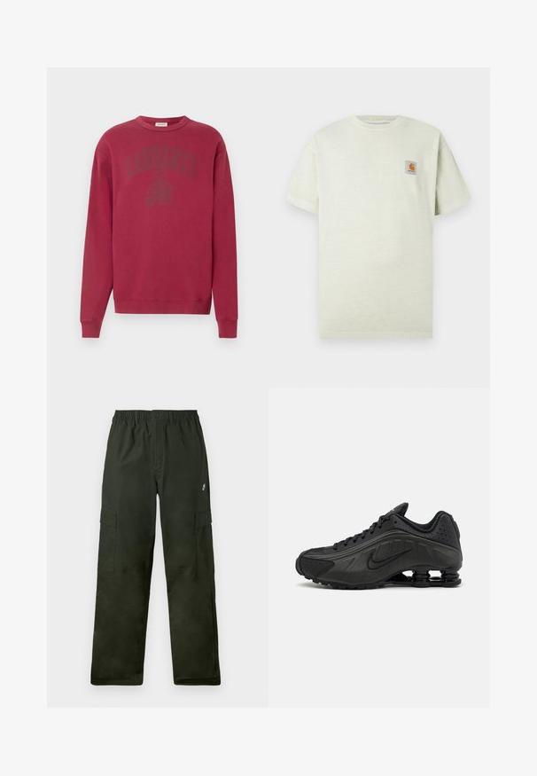 Viininpunainen collegepaita, jossa pitkät hihat ja pyöreä pääntie. Edessä sävy sävyyn oleva "Carhartt"-logo. Valmistettu pehmeästä puuvillamateriaalista.; Vaaleanvihreä puuvillapaita, jossa on lyhyet hihat, pyöreä kaula-aukko ja pieni neliömäinen logo-patch vasemmassa rinnassa. Pehmeä pinta.; Vihreät cargo-housut joustavalla vyötäröllä, joissa on kaksi sivutaskua ja pieni logo edessä.; Mustat juoksukengät, joissa on sileä synteettinen päällinen, rei'itetyt yksityiskohdat, teksturoidut sivupaneelit ja erottuva joustava pohja.