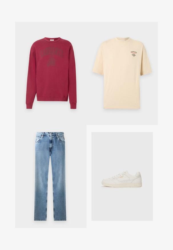 Bordová mikina s dlhými rukávmi a okrúhlym výstrihom. Na hrudi má tónované logo "Carhartt". Vyrobená z mäkkého bavlneného materiálu.; Béžové tričko s krátkym rukávom s logom Heritage, červeným písmom a textom "1982" na hornej ľavej strane hrude, zobrazené na jednoduchom pozadí.; Svetlomodré džínsy so rovnými nohavicami, s vreckami, medenými nitmi a zapínaním na gombík. Majú vyblednutý dizajn a čistý lem.; Biele kožené tenisky s hladkou textúrou, s perforovanými akcentmi, šnurovaním vpredu a decentným zlatým logom na boku.