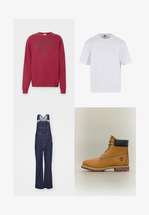 Bordová mikina s dlhými rukávmi a okrúhlym výstrihom. Na hrudi má tónované logo "Carhartt". Vyrobená z mäkkého bavlneného materiálu.; Biela polokošeľa s krátkym rukávom vyrobená z bavlny. Má okrúhly výstrih a voľný strih. Hladká textúra, minimalistický dizajn, bez vzorov alebo akcentov.; Dickies CLASSIC - Džínsy s rovným strihom - rinsed; Hnedá kožená členková členková obuv s čiernym golierom, žltými šnúrkami a béžovou podrážkou. Má logo a biele prešívanie. Hrubá podrážka s dobrým záberom.