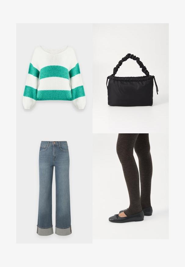 Gebreide cropped trui met een brede V-hals, met een groen-wit gestreept patroon, ballonmouwen en een zachte, gestructureerde afwerking.; Wijdvallende blauwe denim jeans hebben een hoge taille, opgerolde hems met grijze accenten, een vijf-pocket ontwerp en een knoopsluiting aan de voorkant.; Benen met donkere geribbelde leggings gecombineerd met zwarte ballerina's met kleine strikdetails op een witte achtergrond.; Zwarte tas gemaakt van zacht, gladde stof. Beschikt over een geplooide handgreep en een trekkoordsluiting, met een rechthoekige vorm en geen zichtbare hardware.