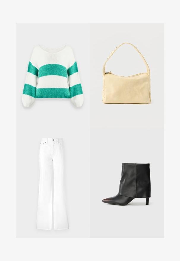 Strikket cropped sweater med en bred V-udskæring, der har et grønt og hvidt stribet mønster, ballonærmer og en blød, tekstureret finish.; Hvide denim flared jeans med høj talje, fem lommer og metalknaplukning. Glat tekstur, enkelt design; lige ben der smalner ind ved kanten.; Sort ankelstøvle lavet af glat læder med spids tå og tilspidset hæl. Overdelen har et let rynket design.; Lille beige læderhåndtaske med en enkelt rem og sølvnitter langs kanterne og remmen, sat mod en ensfarvet baggrund.
