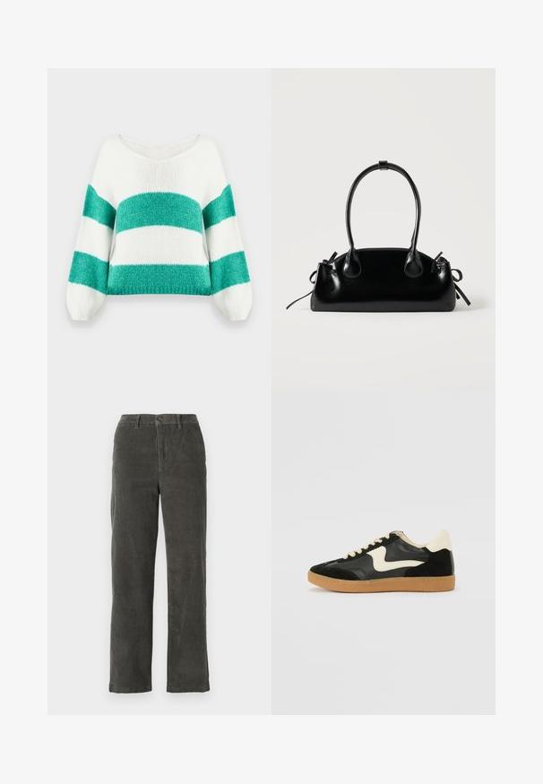 Pull court en tricot avec un large décolleté en V, présentant un motif rayé vert et blanc, des manches bouffantes et une finition douce et texturée.; Pantalons en velours côtelé gris avec une taille, fermeture à bouton à l'avant et deux poches latérales. Design à jambe droite et texture côtelée.; Baskets en daim et cuir noir avec un swoosh latéral crème et un talon crème clair. Dotées de lacets beige et d'une semelle en caoutchouc gomme.; Petit sac à main noir brillant avec deux longues anses et des détails à cordon sur les côtés sur un fond clair uni.