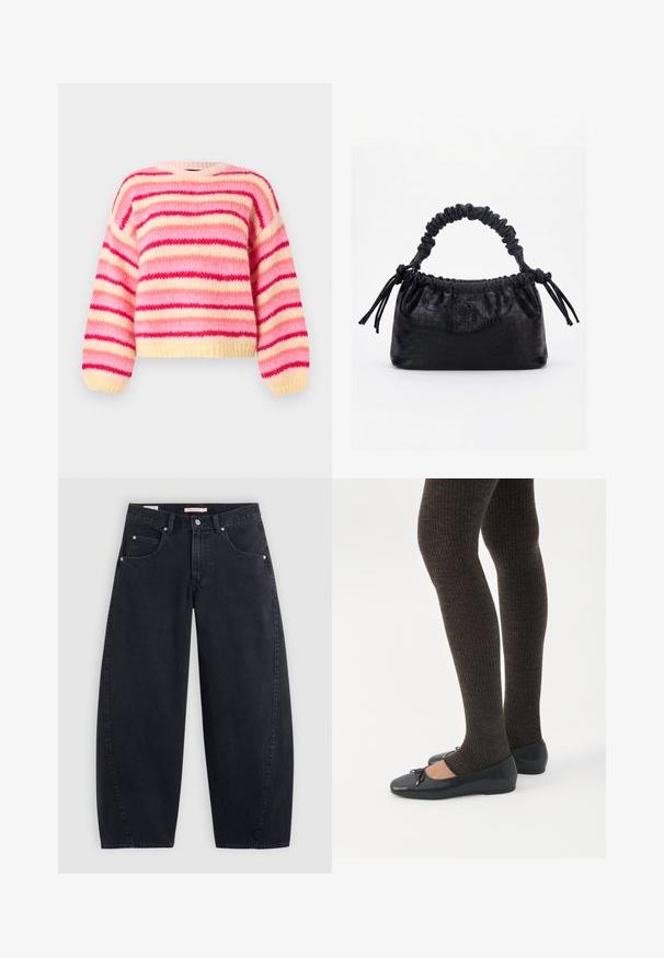 Dik gebreide trui met horizontale strepen in roze, rood en crème, met een ronde halslijn en lange ballonmouwen.; Zwarte denim wijde pijpen jeans met een hoge taille, twee frontzakken en zilveren hardware. Gladde textuur, minimale stiksels en rechte snit.; Benen met donkere geribbelde leggings gecombineerd met zwarte ballerina's met kleine strikdetails op een witte achtergrond.; Zwarte handtas met krokodillenstructuur, geplooide bovenrand, samengevoerde handgreep en koordtassels aan elke kant tegen een witte achtergrond.