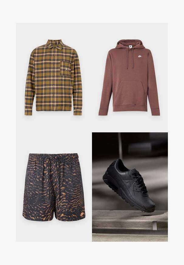 Sweat à capuche marron avec une poche frontale, une capuche avec cordon de serrage, et un logo Nike blanc sur la poitrine. Fabriqué en tissu texturé avec des poignets côtelés.; Chemise à carreaux marron en tissu doux, avec ouverture à boutons, col plié et poche poitrine gauche ornée d'un logo blanc.; Shorts de sport noirs avec un motif pixélisé orange, taille élastique, cordon de serrage et petit logo Nike orange sur la jambe gauche.; Baskets noirs Nike Air Max avec un dessus en cuir texturé, semelle en caoutchouc et un système de laçage proéminent, mettant en avant un design moderne et épuré.