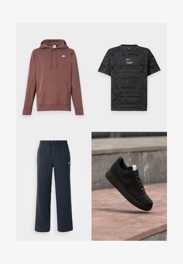 Hnedá mikina s kapucňou, predným vreckom, šnúrkou na kapucni a bielym logom Nike na hrudi. Vyrobená z textúrovaného materiálu s rebrovanými manžetami.; Čierne tričko s textúrovaným vzorom, s malým logom Nike v svetlomodrej farbe a obdĺžnikovou nášivkou s logom v kontrastných farbách.; Tmavomodré tepláky s elastickým pásom a šnúrkou. Vyrobené z mäkkej látky, s malým bielym logom na ľavom boku.; Čierna teniska Nike Air Force 1 plávajúca nad ružovým betónovým okrajom so sivým kamenným pozadím, zobrazujúca bočné a horné detaily.