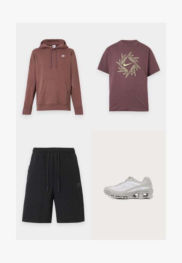 Brown hoodie with a front pocket, drawstring hood, and a white Nike logo on the chest. Made from textured fabric with ribbed cuffs.; Short-sleeve maroon T-shirt with a neon yellow abstract spiked circular design and a central swoosh logo on the chest.; Black Nike athletic shorts with elastic waistband, drawstring, side pockets, and subtle logo on left thigh.; Gray and white athletic sneaker with visible air cushion sole and mesh panels, shown in profile on a plain light background.