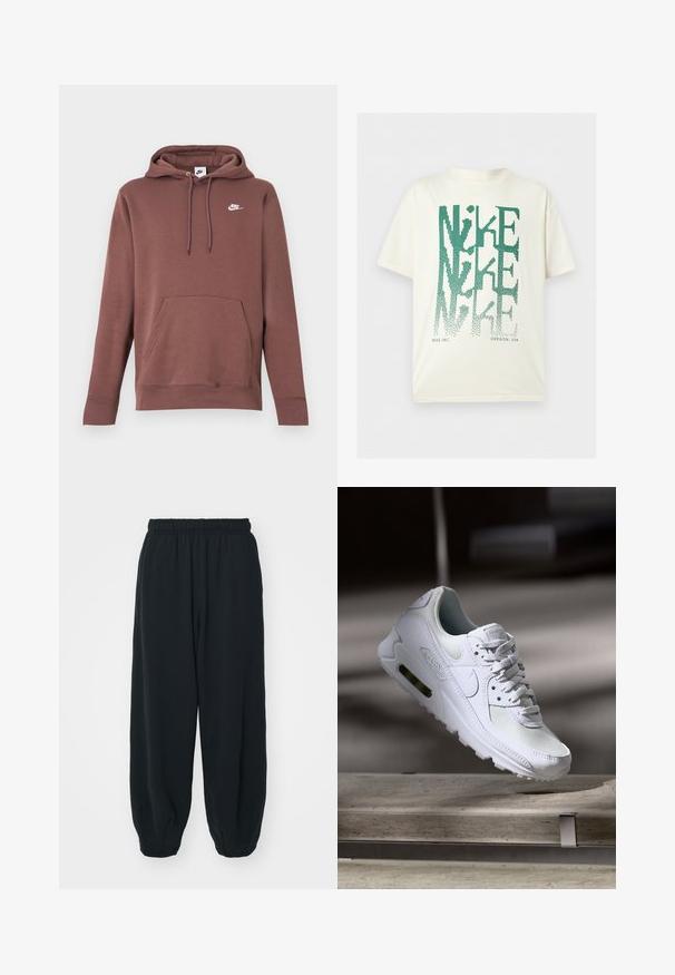Hnedá mikina s kapucňou, predným vreckom, šnúrkou na kapucni a bielym logom Nike na hrudi. Vyrobená z textúrovaného materiálu s rebrovanými manžetami.; Biele tričko s krátkym rukávom s veľkým zeleným skresleným textom „NIKE“ usporiadaným vertikálne a malým textom „NIKE INC. OREGON, USA“ v dolnej časti.; Čierne tepláky s elastickým pásom, vo voľnom strihu, s manžetami na členkoch, hladkej textúry a bez viditeľných vzorov alebo kovových doplnkov.; Biele tenisky Nike Air Max 90 s vrchnou časťou z kože a sieťoviny, perforovanou špičkou a viditeľnou vzduchovou jednotkou v päte.