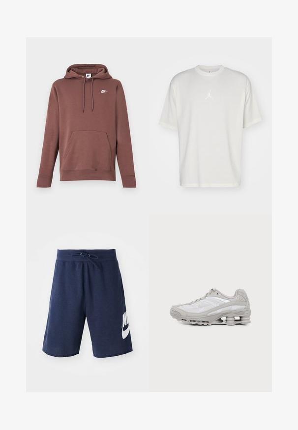 Pruun kapuutsiga dressipluus esitasku, nööriga kapuuts ja valge Nike logo rinnal. Valmistatud tekstuurse kangaga, millel on soonilised mansetid.; Valge puuvillane T-särk ümmarguse kaelusega, lühikeste varrukatega ja väikese tikitud logoga keskel. Lahtine sobivus minimaalse õmblusega.; Tumedate sinised spordilühikesed püksid, mis on valmistatud puuvilla segust, omavad elastset vöökohta paelaga, küljetaskuid ja suurt valget logo vasakul jalal.; Hall-valge spordijalats nähtava õhkmadratsi ja võrgust detailidega, esitatud küljepildina lihtsal heledal taustal.