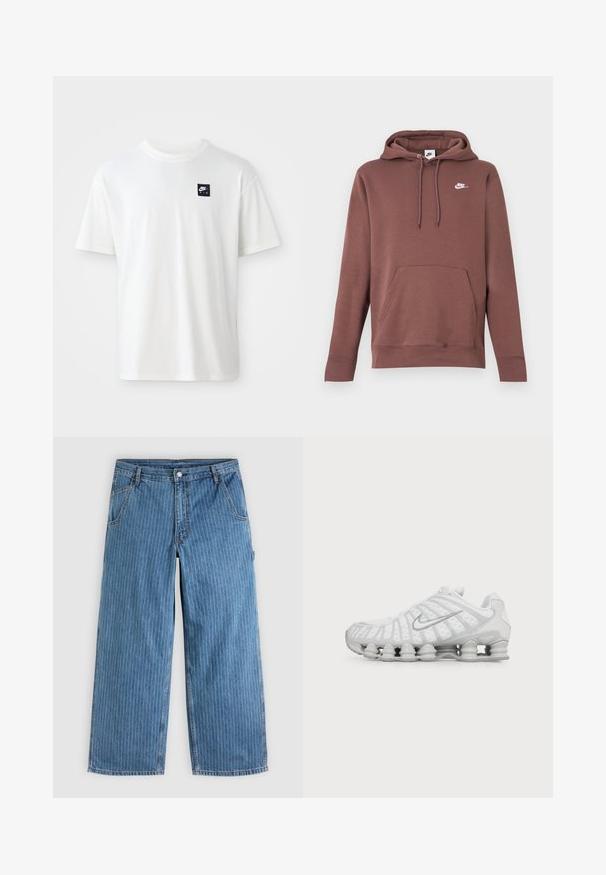 Bruine hoodie met een voorzak, capuchon met trekkoord en een wit Nike-logo op de borst. Gemaakt van gestructureerde stof met geribbelde manchetten.; Witte katoenen t-shirt met korte mouwen en een ronde hals; heeft een klein zwart rechthoekig Nike Air logo op de linkerkant van de borst.; Blauwe jeans met wijde pijpen en dunne witte verticale spijkerstreepjes, voorzakken, riemlussen en een knoopsluiting in de taille.; Witte Nike hardloopschoen met zichtbare luchtdempende zool en zilveren swoosh-logo aan de zijkant, gezien vanaf de buitenkant.