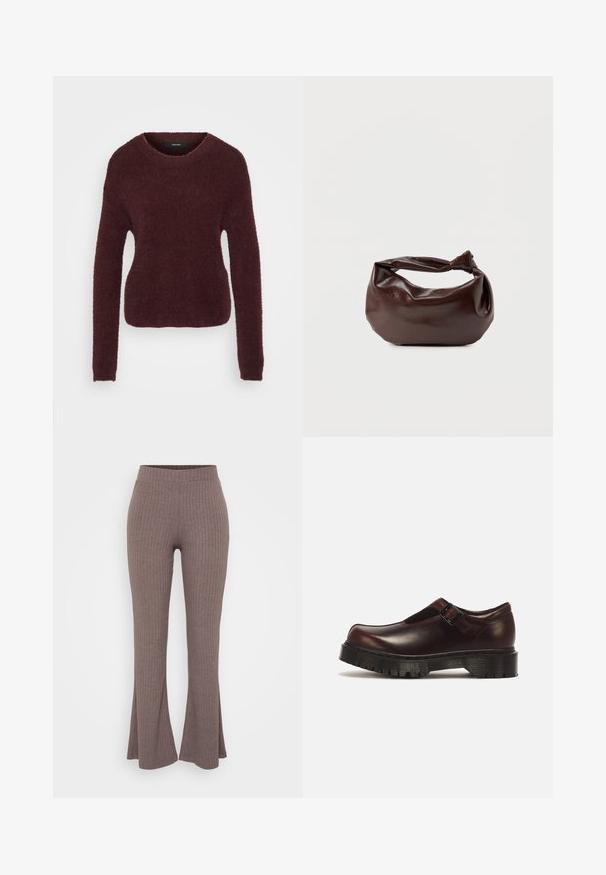 Suéter texturizado burdeos con cuello redondo y mangas largas. Material suave y esponjoso con una silueta ligeramente ajustada. Sin herrajes visibles.; Pantalones acampanados de canalé marrones con una cinturilla alta y elástica, y una textura suave, que presentan un sutil patrón vertical en toda su superficie.; Zapato Mary Jane de cuero marrón oscuro con una suela negra gruesa con tacos y una correa con hebilla metálica, mostrado de lado.; Bolso de hombro de cuero marrón oscuro con una forma suave y caída, y un asa con nudo torcido sobre un fondo blanco liso.