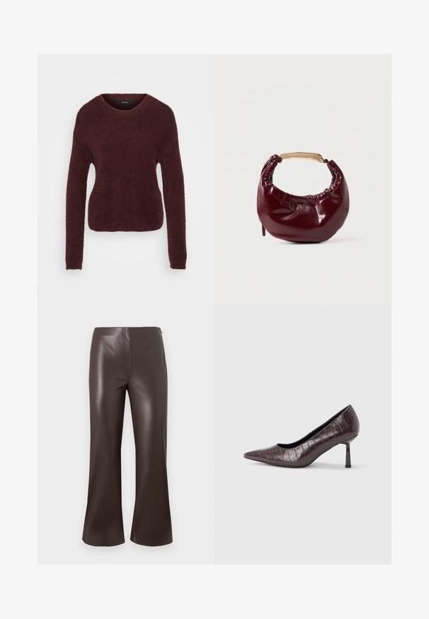 Pull en bordeaux texturé avec un col rond et des manches longues. Matière douce et pelucheuse avec une silhouette légèrement cintrée. Pas de matériel visible.; Pantalons évasés en simili cuir marron avec une taille haute et une texture lisse, présentant un design épuré et soigné avec de larges ouvertures de jambe.; Escarpins à bout pointu en similicuir marron avec une texture crocodile, dotés d’un talon fin et angulaire ainsi que d’une doublure intérieure lisse.; Sac à main en simili cuir bordeaux avec une forme arrondie, des détails froncés et une anse en métal doré. Texture lisse et finition brillante.