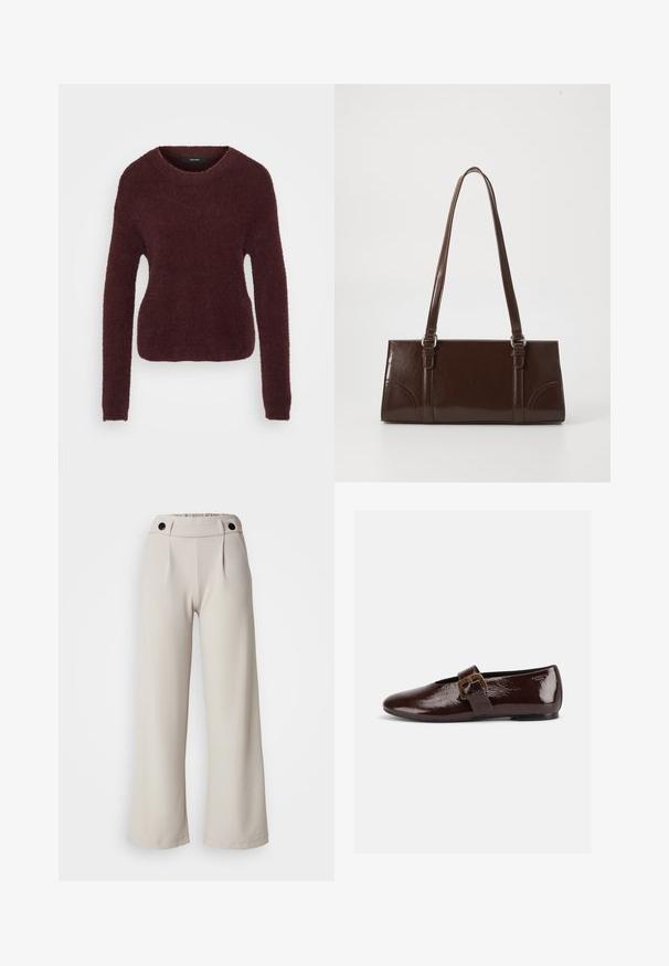 Suéter texturizado burdeos con cuello redondo y mangas largas. Material suave y esponjoso con una silueta ligeramente ajustada. Sin herrajes visibles.; Pantalones de pierna ancha plisados en tejido de color beige claro con una textura suave, que cuentan con una cintura fruncida y dos botones negros en la cinturilla.; Zapato plano de charol marrón oscuro con una gran hebilla dorada y puntera redondeada, mostrado de perfil sobre un fondo blanco.; Bolso de mano de piel sintética marrón con forma rectangular, dos asas largas y sutiles acentos curvados en la parte delantera.