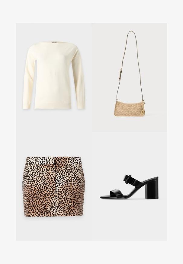 Pull en maille à manches longues de couleur blanc cassé avec un col bateau et des bords côtelés, présenté sur un fond clair uni.; Mini-jupe imprimé léopard avec un fond beige et des taches noires, une coupe ajustée, et une ceinture plate avec passants pour ceinture.; Sandale à talon pour femme en cuir verni noir, à bout ouvert, talon épais et bride de cheville avec boucle réglable sur fond clair uni.; Petit sac à main beige avec motif MK répétitif, bandoulière fine réglable, fermeture éclair dorée et breloque ronde avec logo MK doré.