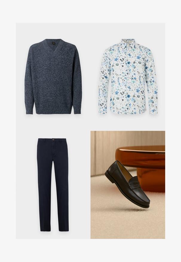 Marineblå ribstrikket sweater med V-hals og lange ærmer. Fremstillet af et struktureret materiale, har en afslappet pasform og tætsiddende manchetter.; Langærmet skjorte med hvidt stof og et blomsterprint i blå, grønne og grå toner, med button-down krave og en buet kant.; Marineblå bomuldsbukser med lige ben, foran lynlås og enkelt knaplukning. Glat tekstur uden synlige mønstre.; Sort læder loafer-sko hængende over beige tæppe med ravfarvet moderne møblement i baggrunden.