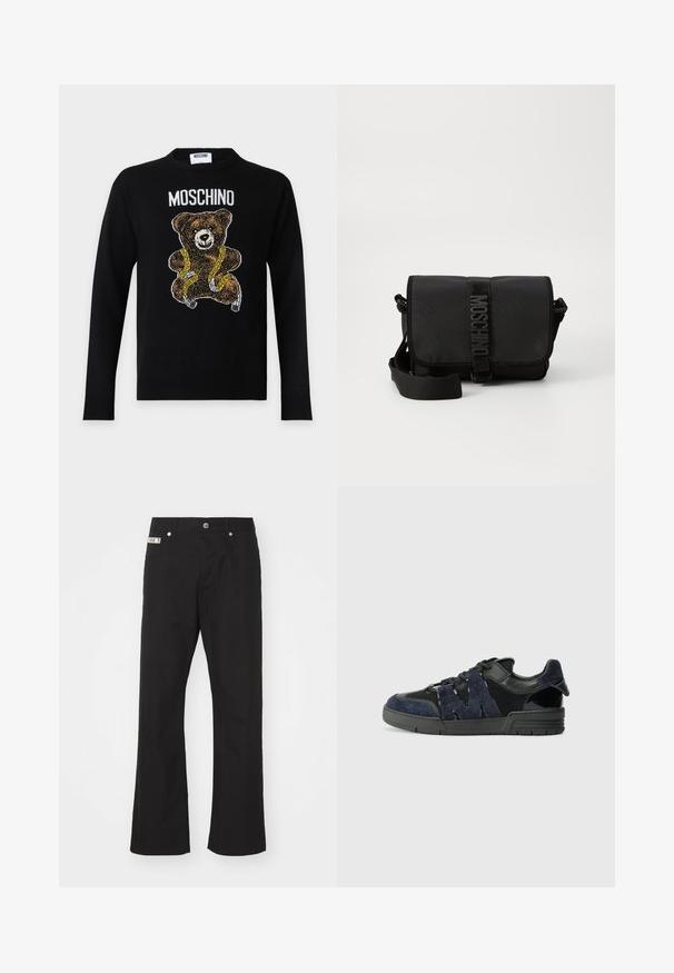 Schwarzer Pullover mit langen Ärmeln mit einem in ein gelbes Maßband gewickelten Teddybär und dem Wort Moschino über dem Bären.; Schwarze Baumwollhose mit geradem Bein, mit einem Frontknopfverschluss, zwei seitlichen Taschen und einem kleinen Markenetikett am Bund.; Schwarze und marineblaue Sneakers aus Wildleder und Mesh-Materialien, mit einer dicken Sohle und einem markanten Ausschnitt in Form eines "M"-Details an der Seite.; Schwarze Nylon-Crossbody-Tasche mit Klappe, ausgestattet mit einem auffälligen Logo-Gurtverschluss, verstellbarem Tragegurt und seitlichen Steppnähten.