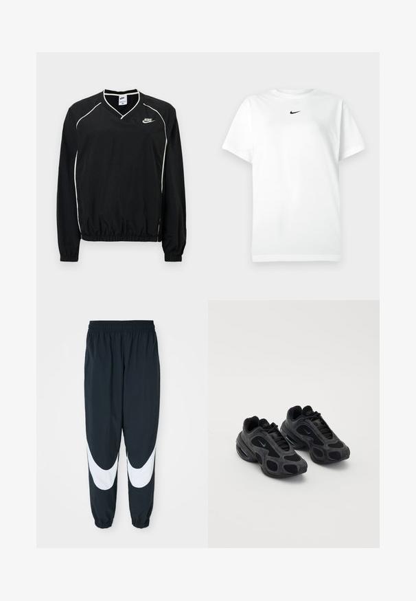 Schwarzer Nike-Pullover mit V-Ausschnitt, langen Ärmeln, elastischem Saum, weißen Paspelierungen und Logo auf der Brust. Leichtes Material.; Weißes T-Shirt mit kurzen Ärmeln und Rundhalsausschnitt, mit kleinem schwarzen Nike-Swoosh-Logo, das zentriert unter dem Halsausschnitt platziert ist.; Schwarze Jogginghose mit weißen, gewölbten Einsätzen, elastischem Bund und gerafften Säumen, aus leichtem Stoff und mit lockerer Passform.; Schwarze Nike-Sneaker mit Mesh- und Wildlederpaneelen, einzigartigen Ausschnitten und gepolsterten Kragen. Glänzende Akzente an den Seiten betonen ein modernes Design.