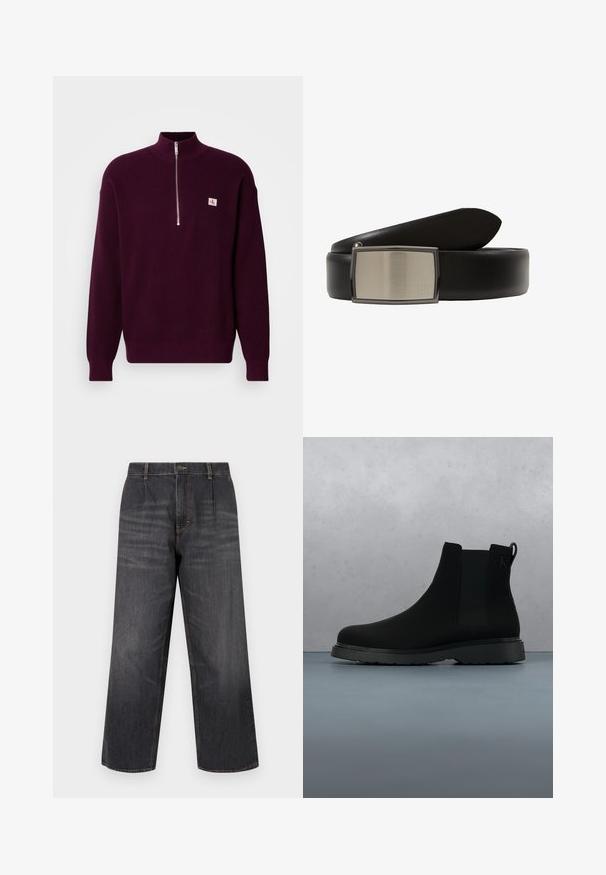 Paarse gebreide trui met een hoge kraag en een kwartrits, met een klein logopatch op de linkerborst en geribbelde manchetten.; Donkere denim wijde pijpen jeans met een hoge taille, voorzien van contrasterende stiksels, een knoopsluiting en twee steekzakken aan de voorkant. Soepele textuur, rechte snit.; Zwarte enkelboot van soepel materiaal met subtiele stiksels, een rubberen zool en een slank ontwerp, gepositioneerd boven een houten textuur.; Zwarte leren riem met een brede band en een rechthoekige, geborsteld metalen gesp met een gladde afwerking en een klein logo-detail.