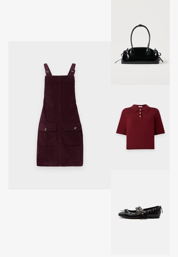 Polo de punto burdeos con mangas cortas, un cuello clásico y una tapeta de cuatro botones con botones blancos redondos.; Vestido de pana en burdeos profundo, con tirantes ajustables, bolsillos frontales con herrajes metálicos y una forma ajustada. Tejido texturizado.; Zapato de ballet plano negro con correas de doble hebilla, ojales plateados y un pequeño lazo cerca de la puntera redondeada sobre un fondo blanco.; Pequeño bolso negro brillante con dos asas largas y detalles de cordón lateral sobre un fondo claro liso.