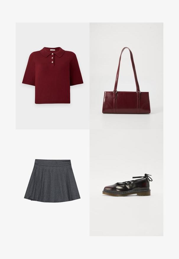 Polo de punto burdeos con mangas cortas, un cuello clásico y una tapeta de cuatro botones con botones blancos redondos.; Falda de patinadora a rayas grises con cintura ceñida, forma acampanada en A y textura de tela suave. Las líneas verticales mejoran el interés visual.; Zapato brillante de color rojo oscuro con punta redondeada, diseño con cordones, suela de goma y cordones negros, que presenta herrajes plateados y bordes cosidos.; Bolso burdeos hecho de material brillante, de forma rectangular, con dos asas para el hombro y sutiles acentos curvados en la parte frontal.