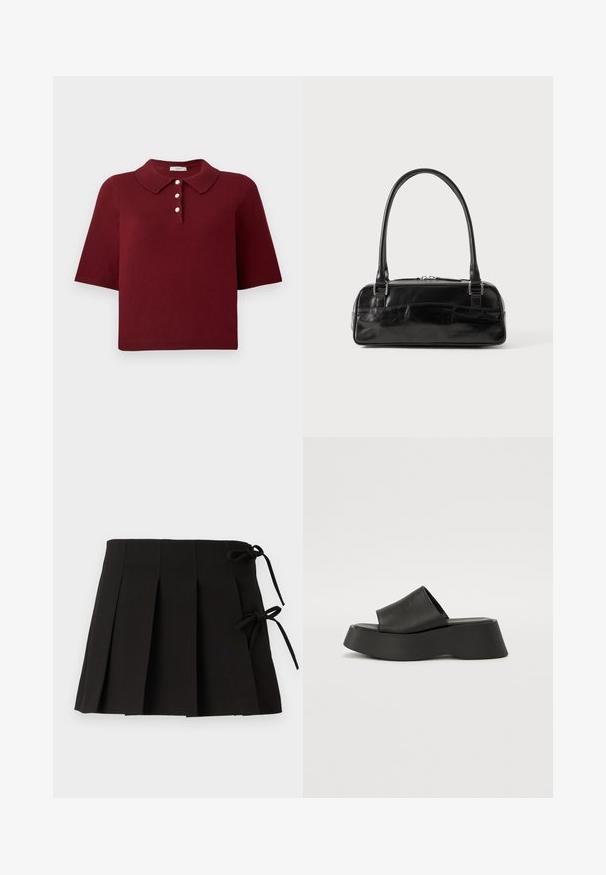 Burgunderrød strikket polo-shirt med korte ærmer, en klassisk krave og fire knaplukninger med runde hvide knapper.; Sort plisseret nederdel med sidesnore, lavet af stof med en glat tekstur; har et struktureret design og rene linjer.; Sorte platform sandaler med en bred rem og chunky sål. Lavet af glat materiale med en mat finish og uden synligt hardware.; Sort læderhåndtaske med rektangulær form, der har et enkelt struktureret håndtag, sølvhardware og lynlås-lukning. Glat tekstur.