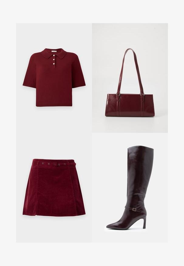 Bordeaux gebreide polo met korte mouwen, een klassieke kraag en een vierknops stolp met ronde witte knopen.; Donkerrode corduroy rok met een bijpassende riem en metalen oogjes, met een lichte A-lijn vorm en detail op het voorpaneel.; Kastanjebruine leren laarzen tot de knie met een spitse neus, een stilettohak en een decoratieve gespsluiting rond de enkel. Glad van structuur.; Bourgondische handtas van glanzend materiaal, rechthoekige vorm, met twee schouderbanden en subtiele gebogen accenten aan de voorkant.
