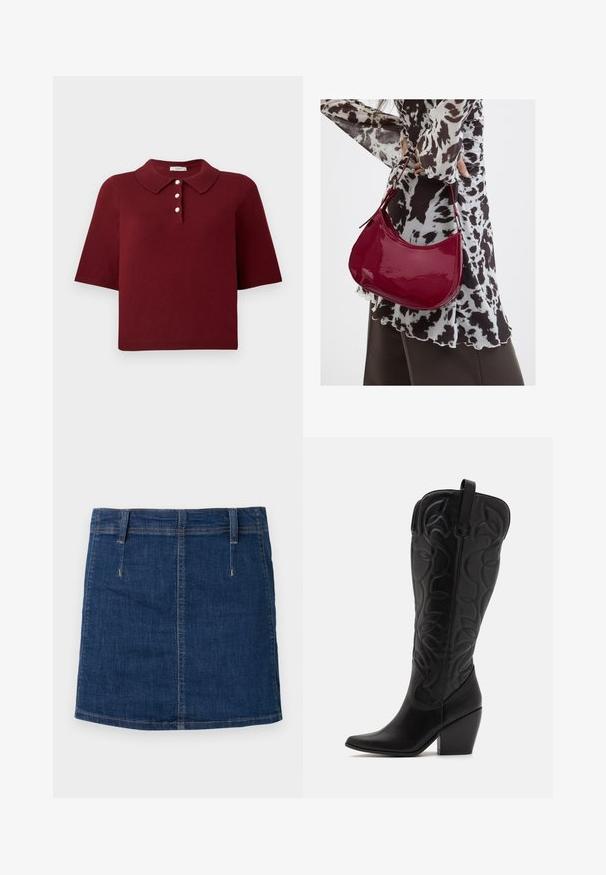 Polo en maille bourgogne avec manches courtes, col classique et patte de boutonnage à quatre boutons ronds blancs.; Jupe en denim bleu foncé à la coupe ajustée, avec poches avant et détails de couture visibles. Présente un ourlet droit et des passants de ceinture.; Bottes hautes en cuir noir jusqu'aux genoux avec bout pointu et talon empilé. Caractéristiques de coutures décoratives et éléments de design courbés.; Femme portant un chemisier à motif noir et blanc tenant un sac à main rouge brillant sur un fond uni.