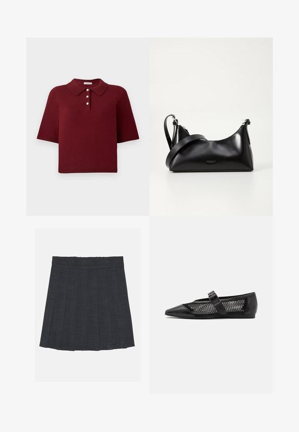 Polo en maille bourgogne avec manches courtes, col classique et patte de boutonnage à quatre boutons ronds blancs.; Jupe plissée gris foncé avec une taille élastique, dotée d'un tissu texturé et d'une silhouette A-line classique. Convient pour une tenue décontractée.; Chaussure plate noire avec un bout pointu, panneaux latéraux en maille et une sangle avec une boucle décorative. Fini lisse sur les sections du bout et du talon.; Sac à main en cuir noir avec une texture lisse. Dispose d'une bandoulière adjustable et d'un design élégant et minimaliste avec une fermeture éclair.